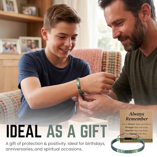 Hematite Bracelet for Men & Women - Arrow Shaped Natural Healing Stone Bracelet for Grounding, Focus & Positive Energy, (8.3"-11.3") Adjustable Stretch Cord Design & Comes with a Message Gift Card