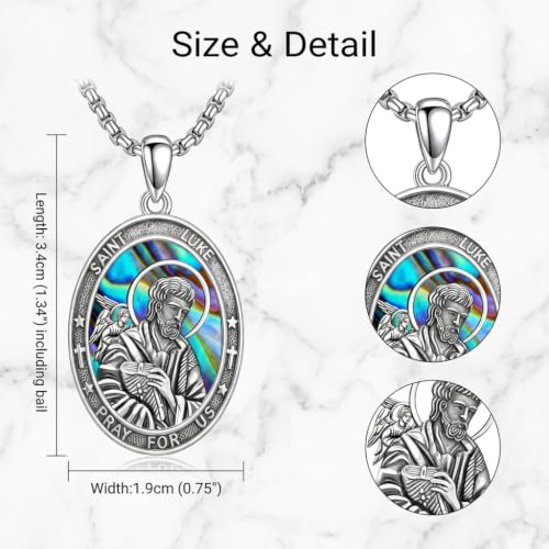 DAYLINLOVE Saint Luke Necklace 925 Sterling Silver St Luke Abalone Shell Pendant Necklace Christian Religious Catholic Jewellery Gift for Women Men