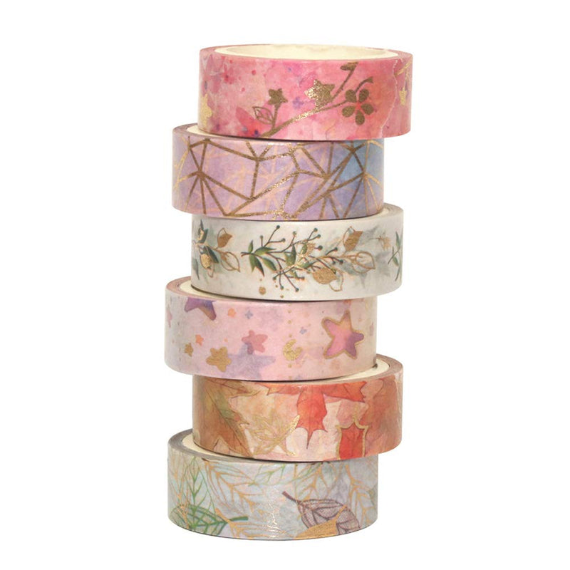YUBBAEX Floral Gold Washi Tape Set 6 Rolls VSCO Foil Masking Tape Decorative for Arts, DIY Crafts, Journal Supplies, Planners, Scrapbook, Card/Gift Wrapping -15mm- (Romantic Flowers) Romantic Flowers