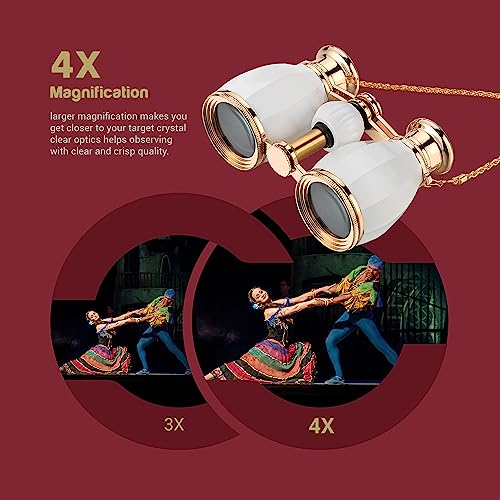 ESSLNB Opera Glasses Binoculars for Women Adults 4X30mm Theater Glasses Compact Binoculars for Theater and Concerts Antique with Case Removable Chain White
