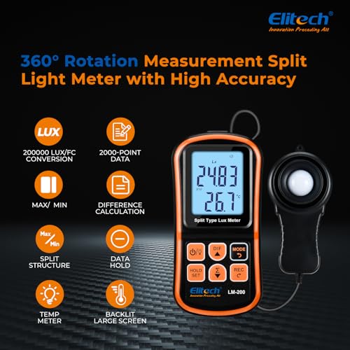 Elitech LM-200 digital light meter with LCD display, handheld illuminance meter measuring up to 200,000 lux and temperature