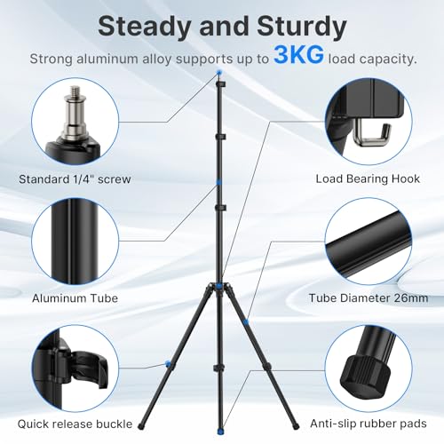Ulanzi TT43 Extendable Photography Light Stand, Adjustable 6.23ft Aluminum Tripod, Reversible Portable Studio Lighting Tripod for Continute Output Lighting/Strobe Light/Webcams/Cameras/Softbox