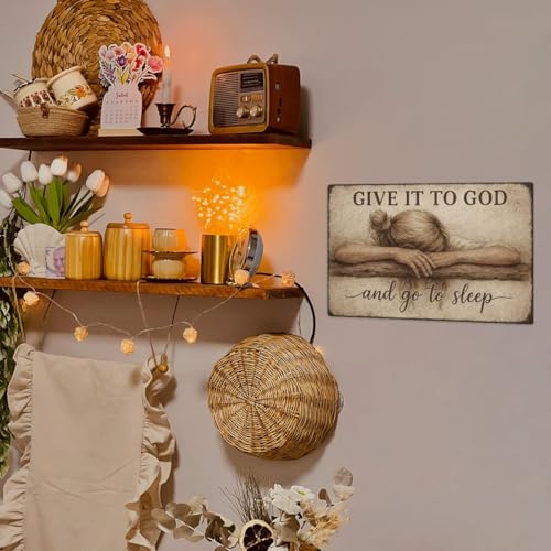 Above Bed Wall Decor for Bedroom - Give It to God and Go to Sleep Sign - Rustic Christian Metal Wall Art 8x12 Inch - Serenity Prayer Inspired Faith Sign for Over Bed or Prayer Room