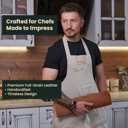 Caramel brown leather knife roll bag by OMBUO, professional chef's knife case with multiple compartments for safe storage.