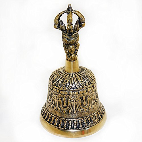 Purpledip Spiritual Buddhist Tibetan Brass Bell with Dorje Handle For Self Healing Meditation Prayer and Yoga, Religious Gift (10680) Medium
