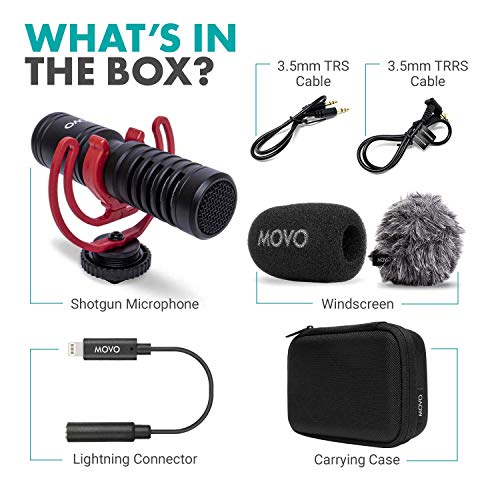Movo VXR10-PRO External Video Microphone for iPhone/Camera, with Rycote Lyre Shock Mount - Compact Shotgun Mic and Accessories Compatible with iPhones and DSLR Cameras - Battery-Free DSLR Microphone