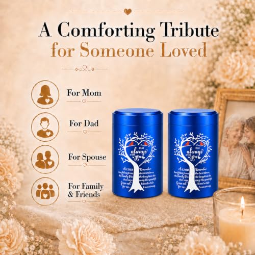 3.62 Inch Small Urns for Human Ashes Adult Man Woman, Set of 2 Mini Urns for Human Ashes, Memorial Funeral Sharing Cremation Urns Set with Two Cardinal Birds, Blue 2 Pack - Heart-Blue