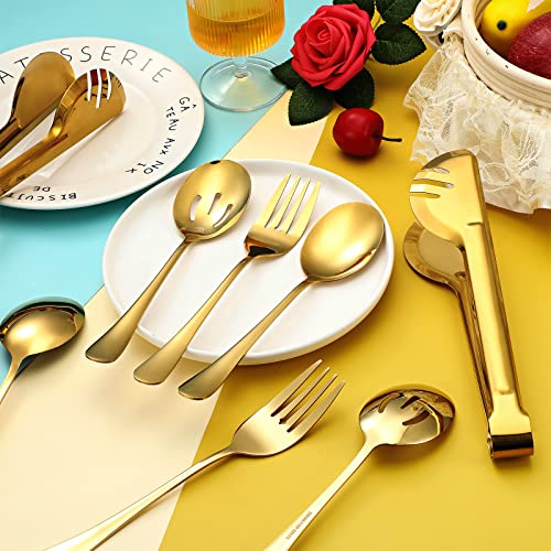 Patelai 15-piece gold stainless steel serving utensil set for buffet, includes spoons, tongs, and serving forks for elegant dining.