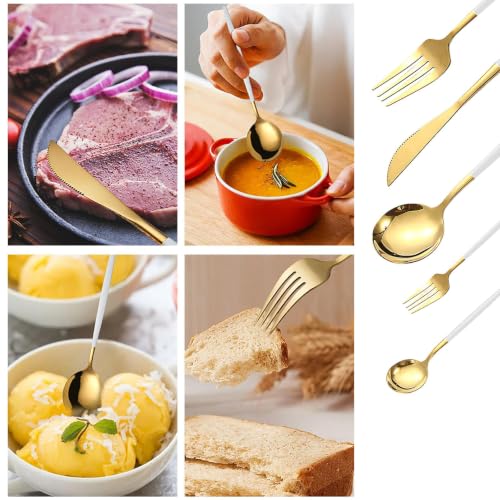 Kawlity Stainless Steel Serving Flatware Durable White & Gold Polished Knives Spoon Forks 30 Pcs Utensil Dinner Tableware, for Kitchen Dishwasher Adults and Children Ideal Gift White Gold