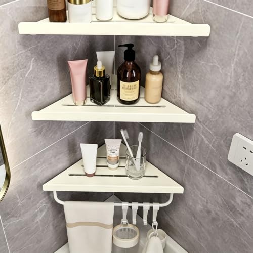 3 Tier Corner Shower Shelves White No Drill Adhesive with Towel Bar & Hooks