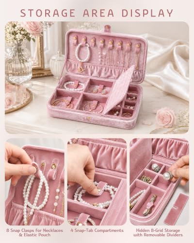 VELORIA Travel Jewelry Organizer with Hidden Compartment, Rose Pink Velvet
