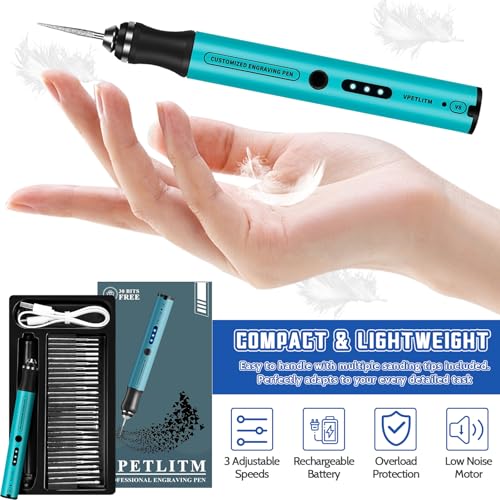 Cordless Engraving Pen, 3-Speed Electric Engraving Tool Kit, Engrave 50+ Surfaces, with 30 Small Drill bits, 7 Grinding Accessories and 5 Engraving Templates, USB Charging for Wood Resin Stone Jewelry