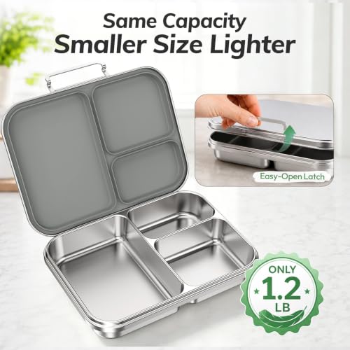 Stainless Steel Bento Lunch Box for Kids and Adults,3 Compartment Meal Lunch Box with Detachable Silicone Lid,Leak-Resistant Food Container with Snack Cup for School,BPA-Free(Grey) Gray