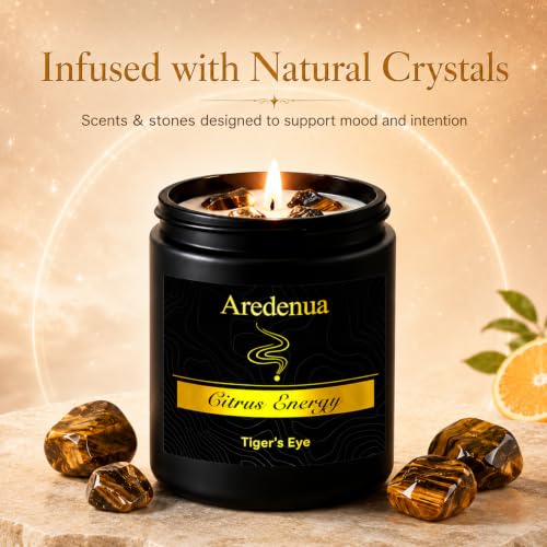 Citrus Scented Candle with Tiger's Eye Crystals, Gift for Women Men Black-Heal Black-H2