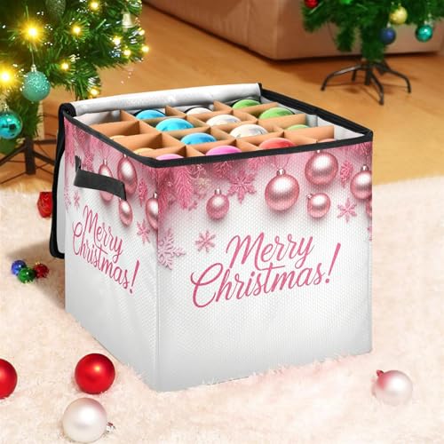 Merry Christmas Pink Christmas Ornament Storage Box with Dividers, Holds up to 64-3" Holiday Ornaments, Collapsible Xmas Decoration Container with Lid & Handles, 13x13 Inch