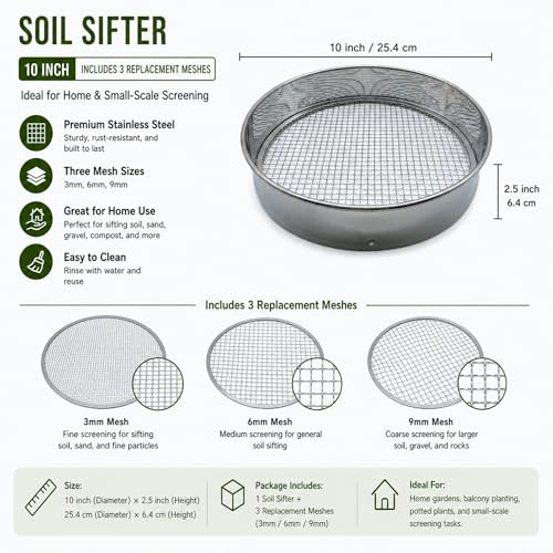 Vonoso stainless steel soil sifter set with three sieve meshes for rocks and sand
