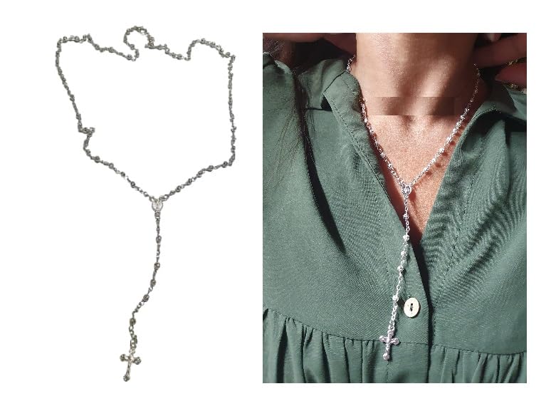 Madonna Prayer Rosary Necklace 60 cm + 12 cm Long with Cross, 3 mm Balls Approximately 3 mm Round Medal and Jesus Cross, taglia unica, Silver Plated Brass, Metal