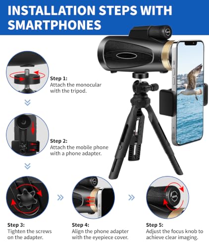 Monocular Telescope 12X60 HD High Power with Smartphone Adapter Tripod Larger Vision Monoculars for Adults with BAK4 Prism & FMC Lens Suitable for Bird Watching Hiking Camping Wildlife-Black black