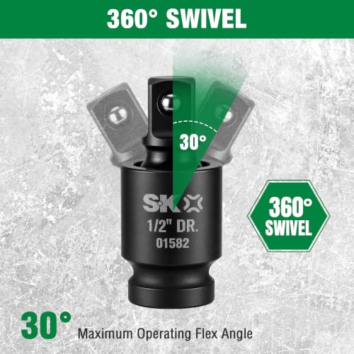 SK Pinless Impact Universal Joint swivel socket adapter set in 1/4, 3/8, and 1/2-inch drive sizes