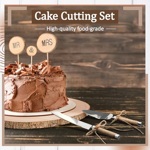 Beeveer 6 Pcs Cake Topper Knife Server Wooden Slice Set Rustic Wedding Decorations Mr and Mrs Cake Topper Table Decor for Bride Groom Valentines Day Glasses Anniversaries Centerpieces