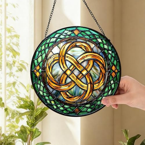 Stained Glass Suncatcher - 7.9" Celtic Knot Window Hanging, Weatherproof Emerald Green Irish Decor, Eternal Love Spiritual Gift for Mom Women Yellow