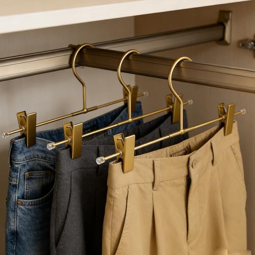 11.8" Gold Matt Aluminium Metal Bottom Clips Pants Trousers Clothes Hangers,10 Pack Heavy Duty Space Saving Durable Adjustable Clips Legging Organizer,Toddler Infant Hangers Shirts Newborn 10