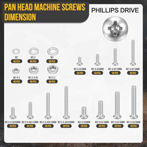 DTGN 304 stainless steel Phillips pan head machine screw set with nuts and washers, M2 M2.5 M3, 720 pieces