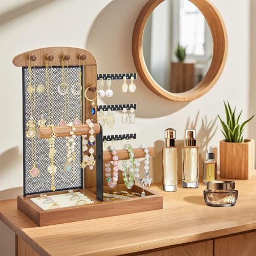 KOOAAICCHI Wooden Jewelry Organizer Stand with Display Tray-Brown Wooden Brown+Metal Black