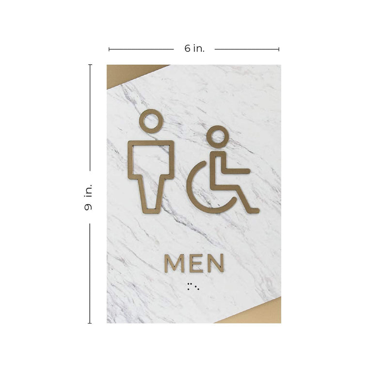 Light Marble Men And Women Restroom Sign Set/ADA Wheelchair Accessible With Braille Bathroom Signs / 6" x 9" White Marble Gold Accent Acrylic Signs Light Marble Design Wheelchair Restroom Sign Set