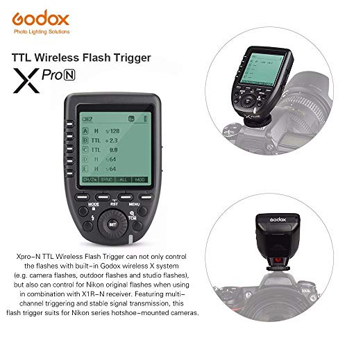Godox Camera Flash Trigger Xpro-N for Nikon Wireless Remote 2.4GHz 1/8000s HSS TTL-Convert-Manual Large Screen Design Customizable Functions