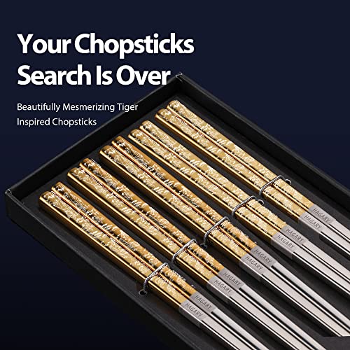 Hagary Tiger Chopsticks Metal Chopsticks Reusable (Gold - 5 Pairs) Gold - 5 Pairs