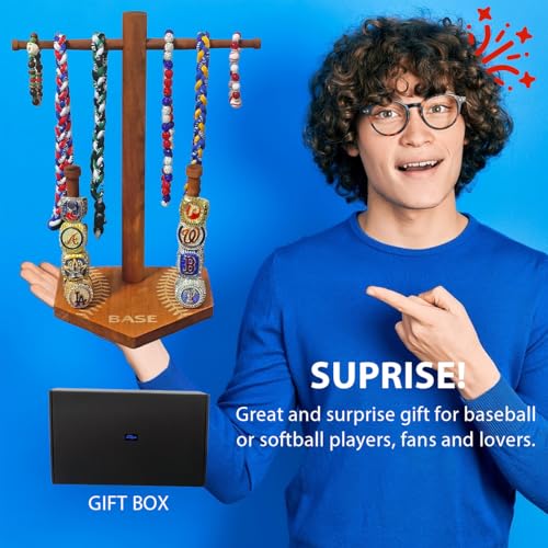 Wooden Baseball Drip Necklace Display Holder, Championship Rings Display Organizer (for ring size 9 or larger), Bonus 50Pcs Baseball Stickers, Greeting Card and Gift Box Wood Classic