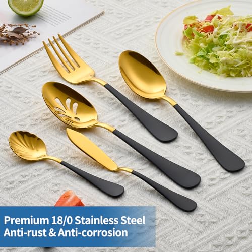 10-Piece Black & Gold Flatware Serving Set, 18/0 Stainless Steel Colorful Handle, Includes Serving Fork, Solid & Pierced Serving Spoon,Sugar Spoon,Butter Knife,Mirror Polished,Dishwasher Safe