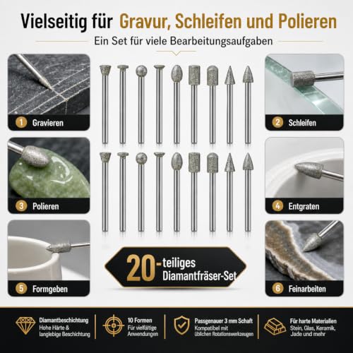 20 Piece Diamond Cutter Set for Dremel 3 mm Shank 120 Grit for Engraving Grinding Polishing Stone Glass Ceramic