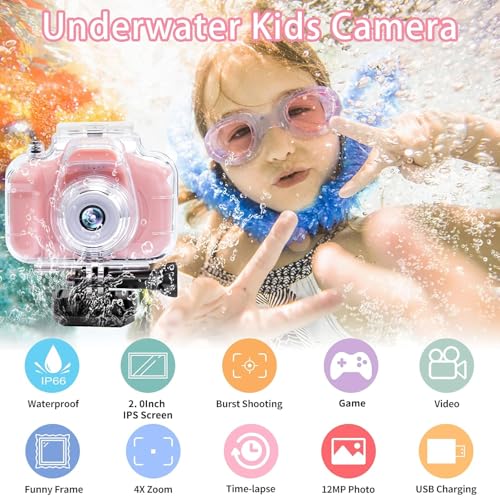 Kids Underwater Camera 12MP 1080P Digital Camera with 32GB Card & Case Pink