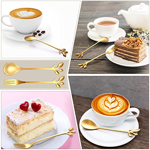 Set of 40 Honeydak stainless steel gold leaf coffee and appetizer dessert spoons and forks, elegant and stylish for serving.