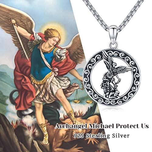 JUSTKIDSTOY Saint Michael Necklace for Men Women Sterling Silver Archangel St Michael Pendant Necklace Protector Catholic Jewelry Gifts for Husband Son Birthday 20+2"