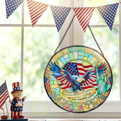8 Inch Stained Glass Window Hanging, Sun Catcher with Metal Chain and Hooks, Decorative Stained Glass Panel for Garden & Patio (Eagle) Eagle
