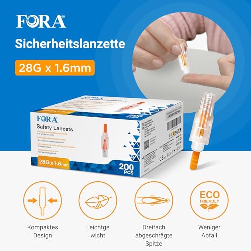 FORA Safety Lancets 28G – Pack of 200, Safety Lancets, Inmallancing Aid for Capillary Blood Removal