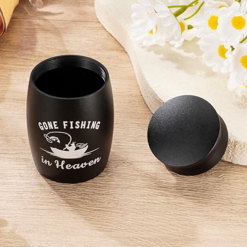 SOITIS Small Urns for Human Ashes - 2.76 Inches Black Aluminium Urn for Ashes Keepsake, Cremation Urns Memorial Holder, Funeral Sharing Decorative Urn for Women Men - Gone Fishing Mini Urn