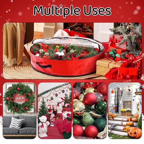 Pwsap 2 Pack Christmas Wreath Storage Container - 36 Inch, Garland Storage, Christmas Large Wreath Storage Container Cover, Durable Tarp Material, Dual Zipper Storage Bag for Xmas Holiday, Red 36inch