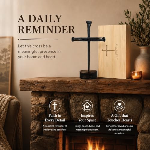Handmade Iron Cross Decor, 3 Nails Crucifix Cross Statue, Christian Religious Gifts for Men Women, Jesus Cross Tabletop Display, Baptism Gift for Pastor Church Office Home Decoration