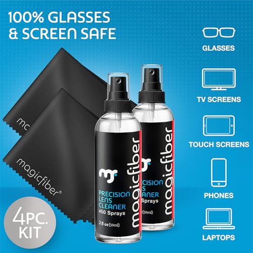 MagicFiber 34 PK Glasses Kit - 2 Eyeglass Cleaner Sprays + 32 Microfiber Cleaning Cloths - Premium Eye Glass Cleaners Spray and Glasses Wipes - Lint-Free Lens Microfiber Cleaning Cloth