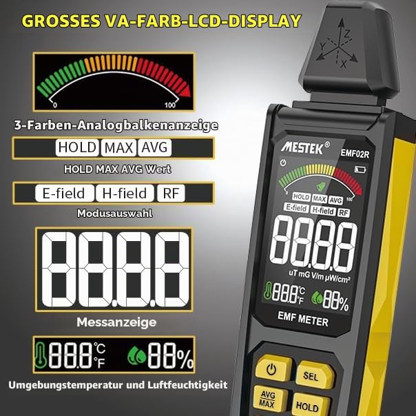 EMF Meter, MESTEK 5 in 1 EMF Radiation Detector EF/MF/Radio Frequency Field Electromagnetic, Rechargeable House EMF Detection Yellow EMF Gauge