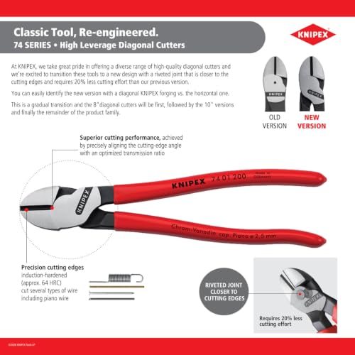 KNIPEX 8-inch insulated high-leverage diagonal cutters, side-cutting pliers with red and blue handles