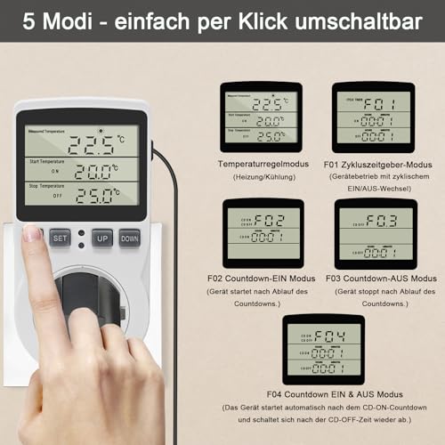 KETOTEK 230 V Temperature Controller Plug with Sensor, Digital Thermostat Plug with Timer, Plug Thermostat Timing Switch for Greenhouses, Aquariums, Heating, Cooling Without backlight