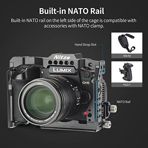 Nitze GH6 Cage for Panasonic GH6 Camera with HDMI Cable Clamp, Built-in NATO Rail and Arca Swiss QR Plate - T-P02B
