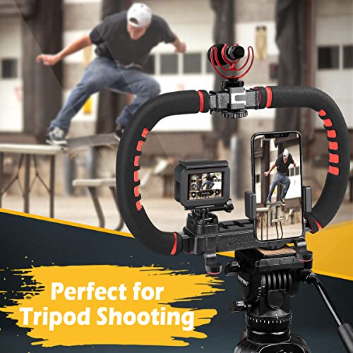 Zeadio Handheld Camera Stabilizer, U-Shaped Video Rig Handle Grip with 3 Cold Shoe Mounts & 1/4'' Screw, Compatible with DSLR Camcorder Action Camera Smartphone etc