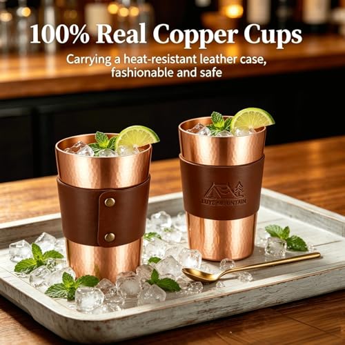 13.5 oz Copper Cups - Hammered Ayurvedic Pure Copper Drinking Cups with Heat-Resistant Leather Sleeves - Promote Detoxification and Maintain Health, Suitable for Yoga, Meditation or Camping. (1) 1