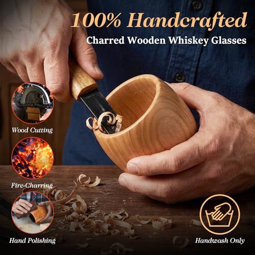 ENLOY Charred Wooden Bourbon Drinking Glass Set with Ice Stones & Tongs